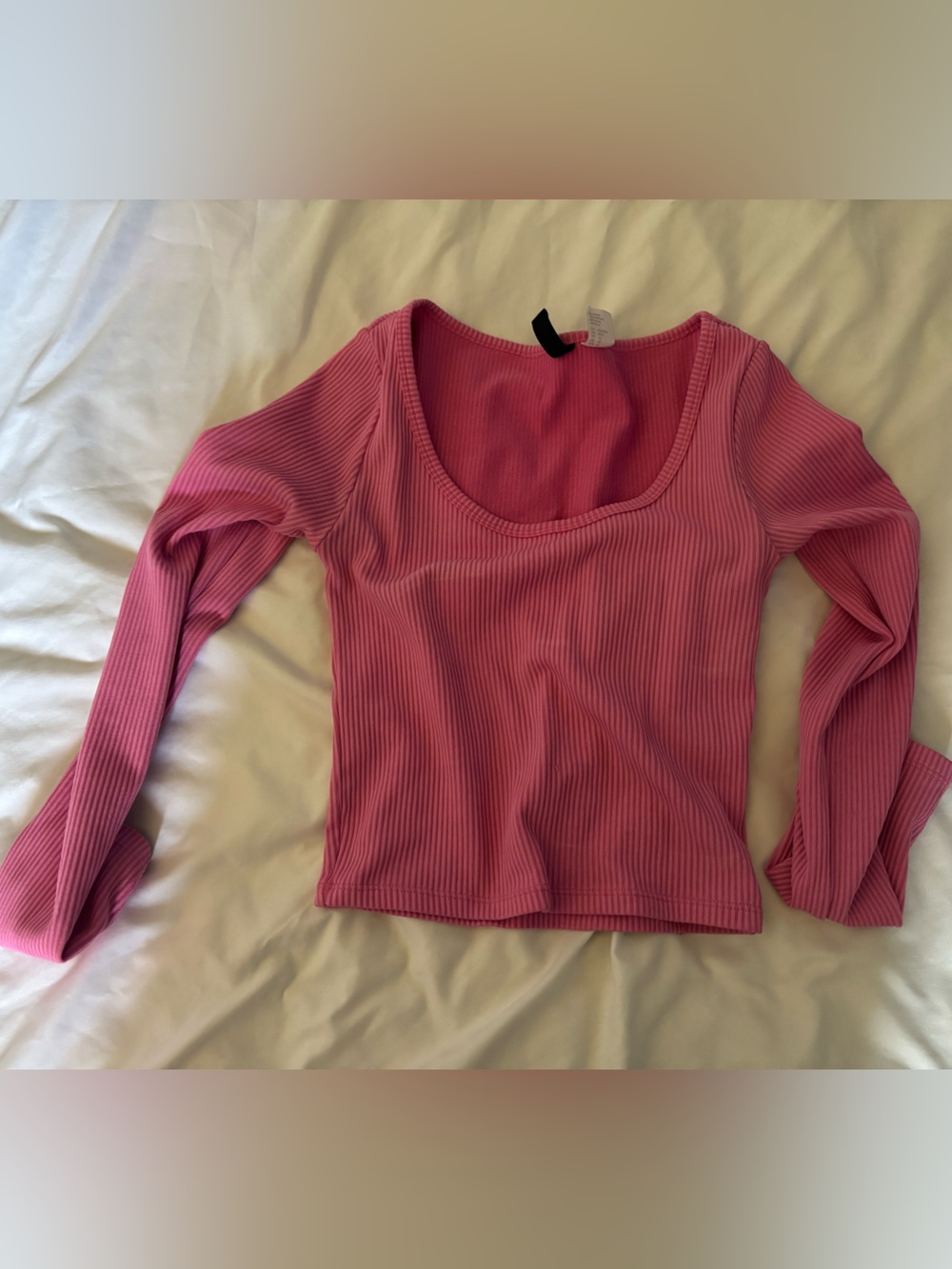 Divided Ribbed Scoop Neck Long Sleeve Top — Hot Pink